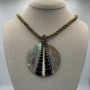 Large Mother of Pearl Shell Pendant Beaded Necklace Multicolor 18"